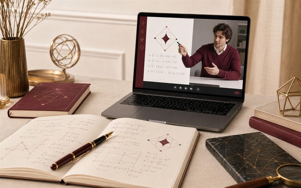 Un bureau de travail chaleureux avec un cahier de mathématiques et une leçon en ligne